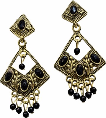 JJS FASHION Ethnic Dangle Drop Earrings for Women, Vintage Style, Indian Gold Plated, Black Pearl Alloy Drops & Danglers