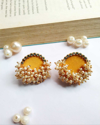 Tanu Women's Handmade Trendy Beads Fabric Base Stud Earring with Pearl Fabric Stud Earring