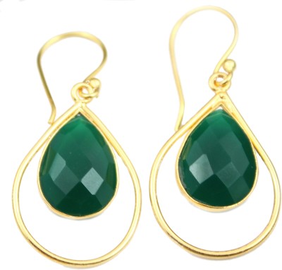 khnfashion KhnFashion Awesome Green Onyx Gold Plated Long Earrings Brass Drops & Danglers
