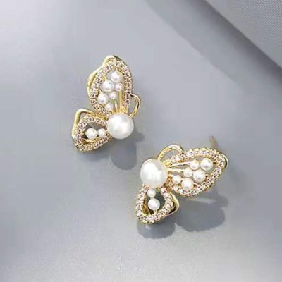 Fashion Point Korean Golden Butterfly Pearl Studs for Girls & Women Pack of 1 Pair Cubic Zirconia Alloy Stud Earring
