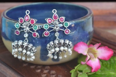 SHREEVARAM Designer Oxidised silver plated Floral Peacock Motif Stud Jhumka Stone Earrings Brass Jhumki Earring
