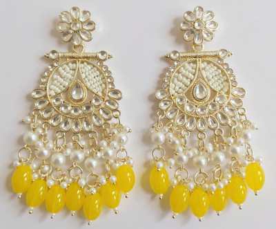 TESSARA Gold-Plated Kundan Yellow Beads Drop & Chandbali Earrings Alloy Drops & Danglers Alloy Drops & Danglers