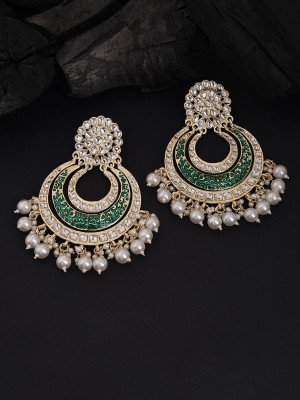 Fida Wedding Gold & Dark Green Kundan Pearl Drop Chandbali Earrings For Women Alloy Drops & Danglers