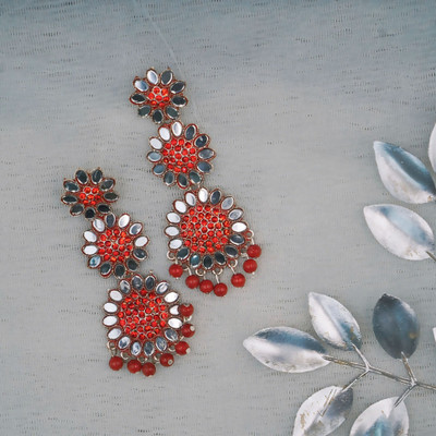 RatnaRaga Red Floral Drop Earrings with Mirror Petals & Beads for Weddings & Parties Diamond, Pearl Alloy Drops & Danglers, Jhumki Earring, Tassel Earring