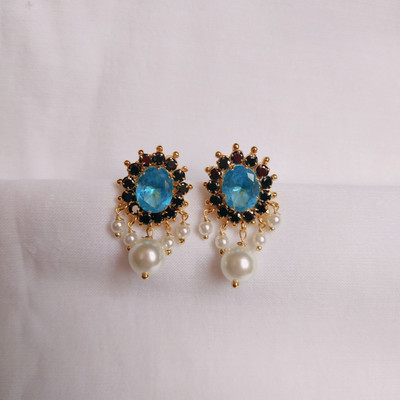 kurdekars divuu sky blue black stones and pearls fitted earrings stud Copper Stud Earring