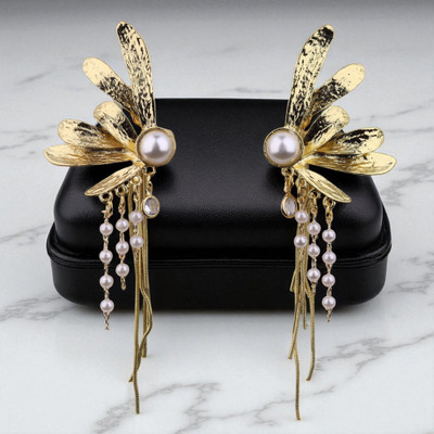 Outroyal Trending Korean Butterfly Pearl Golden Brass Drops & Danglers