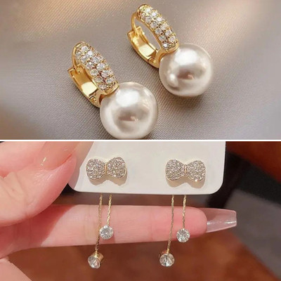 estailo fashion Sparkling Pearl Bow Earrings Alloy Earring Set