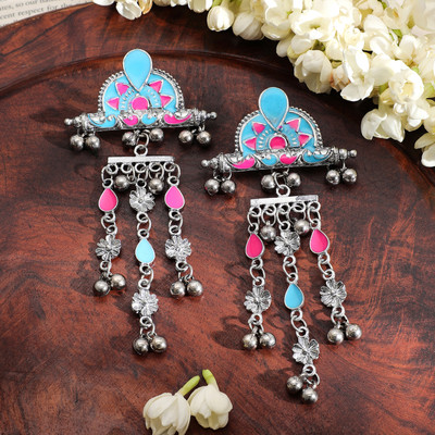 RUBANS Rubans Silver-Plated Pink & Blue Enamel Cascading Dangle Earrings Brass Drops & Danglers