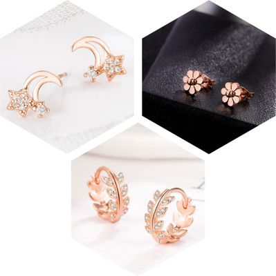 MYKI Stylish Leaf Flower & Moon Star Designer Earrings Combo For Women & Girls Cubic Zirconia Stainless Steel Stud Earring, Hoop Earring