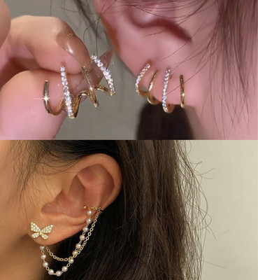 VIDALI Combo Pack Of 2 Korean Earrings For Women And Girls Pearl Alloy Cuff Earring, Stud Earring