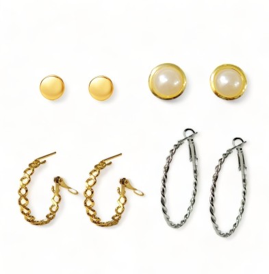 GoldNera Girls Hoops & Pearl Studs Fashion Earrings 4 Pairs Trending Designs Metal Stud Earring, Hoop Earring