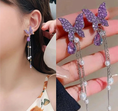 Saugaat Craft Korean Style Purple Butterfly Shaped Hanging Earrings Cubic Zirconia, Pearl Alloy Drops & Danglers, Tassel Earring, Earring Set