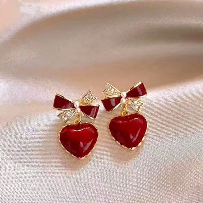 Tiso Korean Cute Maroon Heart Bow Earrings Women Trendy Pearl Stone Earings for Girls Crystal, Cubic Zirconia, Pearl Alloy, Brass, Stone Drops & Danglers, Earring Set, Huggie Earring, Rhinestone Studs, Stud Earring