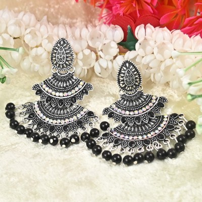 baniyabuddy Silver Oxidised Chandbali Earrings with Black Pearls & Crystal for Girls & Women Pearl, Crystal Brass Chandbali Earring, Drops & Danglers, Earring Set