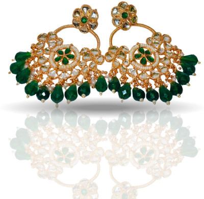SSMAISON Traditional Gold Plated Kundan & Beads for Women & Girls (Green & White) Pearl Brass Chandbali Earring