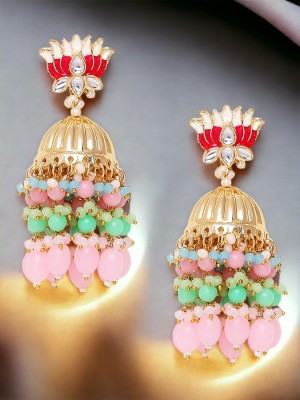 ANOUK Pink & Mint Green Meenakari Jadau Jhumka Beads, Crystal Alloy Jhumki Earring