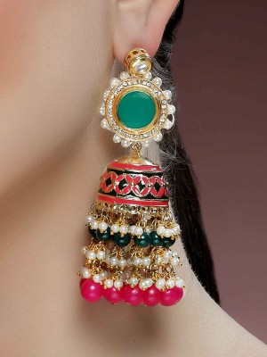 Karatcart Gold Plated Green and Pink Meena Polki Kundan Jhumki Earrings for Women Alloy Jhumki Earring