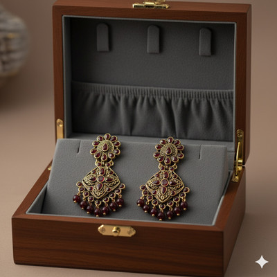 SRGems Vintage Antique Gold Plated Red Chandbali Earrings Ethnic Wedding Jewelry Brass Drops & Danglers