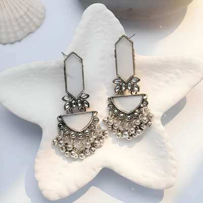 Nayaab collection Ivory Radiance Oxidized Silver Earrings with White earrings, Ghungroo Charms Metal Chandbali Earring, Drops & Danglers, Jhumki Earring, Plug Earring, Tassel Earring