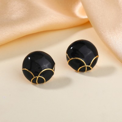 Estele Estele Gold Plated Modern Circular Pattern Black Enamel Stud Earrings for Women Alloy Stud Earring