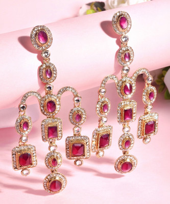 ASMITTA Jewellery Shimmering Gold Plated Pink Crystal Stone Studded Drop & Dangle Hanging Earrings Pearl Alloy Drops & Danglers