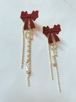 shinningmiles Stylish Bow Pearl Drop Earrings, Designer Long Statement Fashion Jewelry Alloy Earring Set