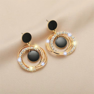 Tiso Trendy Earrings Gold Big Black Earrings for Women Girls Western Stylish Fancy Crystal, Cubic Zirconia, Pearl Alloy, Brass, Stone Drops & Danglers