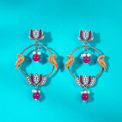 Vedan Designs Peacock Lotus Silver Oxidised Earring Brass, Alloy Drops & Danglers