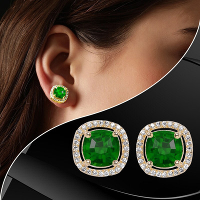 THANU'S CRAFT Elegant Gold Plated Green Cubic Zirconia Square Stud Piercing Earrings Studs Cubic Zirconia Metal Stud Earring