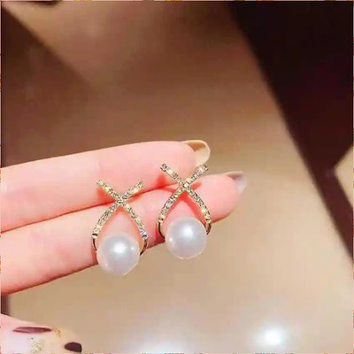 Daliva Korean Studded Cross Big White Pearl Drop Earrings For Women/Girls Cubic Zirconia Alloy Stud Earring