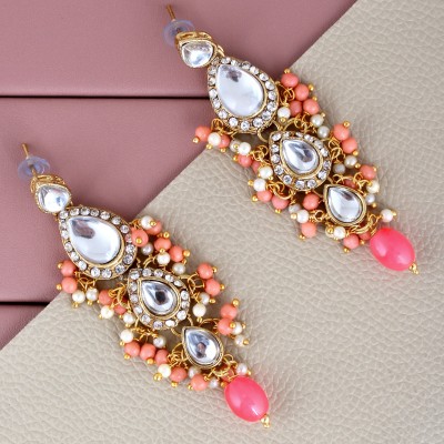 Lucky Jewellery Traditional Gold Plated Kundan Stone Peach Earrings for Girls & Women Beads Alloy Drops & Danglers