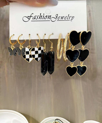 DiegoEnterprise Glossy Korean Black and Golden Earrings Set Of 5 Pairs for Women and Girls Metal Earring Set