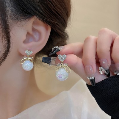 TheVineGirl Korean Studded Heart Bow Pearl Stud Earrings For Women And Girls Metal Drops & Danglers