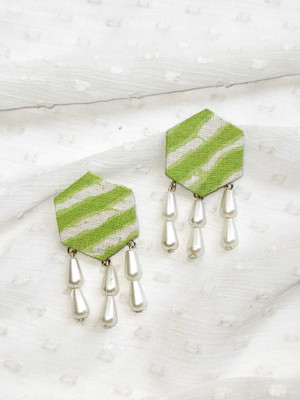 Tanu Women's Handmade Hexagon leheriya print earrings in white and green Pearl Fabric Stud Earring