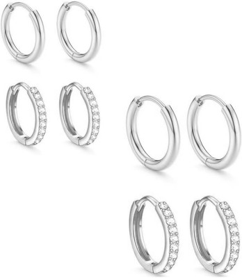 Bawree Stainless Steel Silver Plated Round Huggie Hoop Earrings For Womens & Girls Crystal Metal Stud Earring