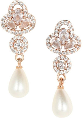 House of Pataudi Rose Gold Plated AD Studded Drop Earrings Brass Stud Earring