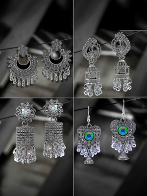 Homemet Combo of 4 Jhumka Earrings for Women Silver Jumki Combo Set Mirror Peacock Jumki Alloy Jhumki Earring