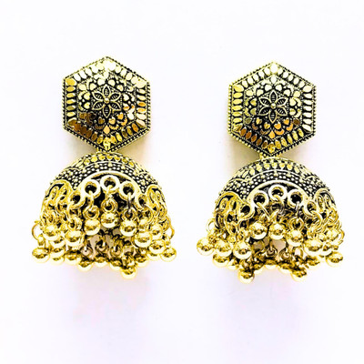 Ally Crafts Antique Golden Hexagonal Jhumka Earrings | Traditional Indian Design Pearl Alloy Jhumki Earring, Drops & Danglers