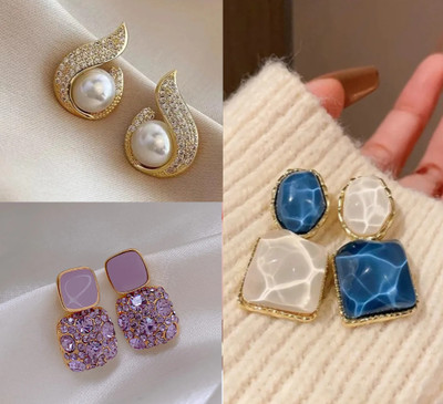 Saugaat Craft Western Party Wear Stylish Combo Pack Of 3 Korean Earrings For Women Girls Cubic Zirconia, Crystal, Pearl Alloy Drops & Danglers, Rhinestone Studs, Stud Earring, Earring Set