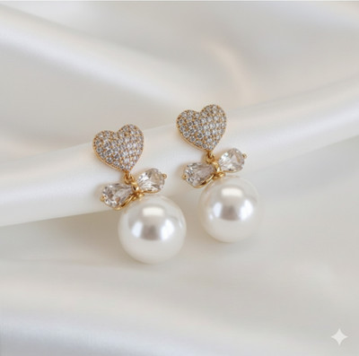 Maison jewellz Earrings For Women AD studded Heart Pearl Korean Drop Earrings Alloy Stud Earring