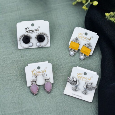 Gimiss 4 Pairs Earrings with Black Studs, Yellow Rectangular Studs, Pink Drop Earrings Alloy Earring Set