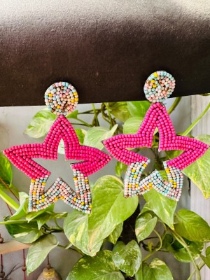 HOPSS Pink & White Star Boho Fashion Handmade Earring Beads Fabric Drops & Danglers