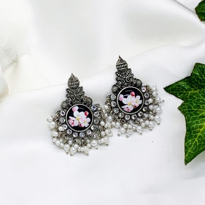 Neeara Fashion HandCrafted Oxidised, Tribal Charm Earrings with Black Stone Flower, Alloy Stud Earring