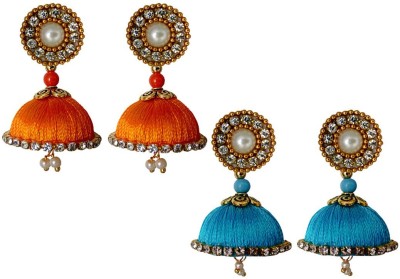 Tia Crafts Handmade Silk Thread Orange and Sky Blue Jhumki Earrings combo Silk Dori Drops & Danglers