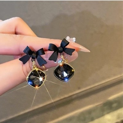 Shailaja Bling Black Bow Earrings Crystal Alloy Stud Earring