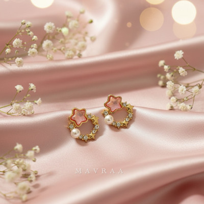 MAVRAA Mavraa Pink Star Pearl Stud Earrings for Women & Girls Cubic Zirconia Alloy Stud Earring
