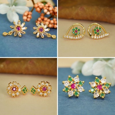 RAMDEV ART FASHION JEWELLERY Lightweight Diamond and Stylish Combo of 4 in 22K Gold-Plated Studs Diamond Brass Earring Set