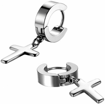 PKF Stainless Steel Cross Dangle Huggie Hinged Hoop Earrings Stainless Steel Huggie Earring, Hoop Earring