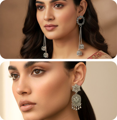 Nahmiz Trends Set of 2 Pair Silver Oxidised Earrings Stylish Traditional Jewelry Combo Brass, Alloy Drops & Danglers, Hoop Earring, Earring Set