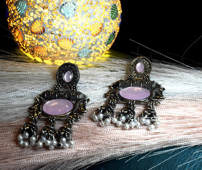 Shahi Pehnawa Vintage Oxidized Silver Chandelier Earrings with Pearl Drops, Traditional Style Crystal Alloy Chandbali Earring, Jhumki Earring, Earring Set, Drops & Danglers